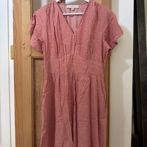LOFT Dusty Pink Polka Dot V-Neck Midi Dress